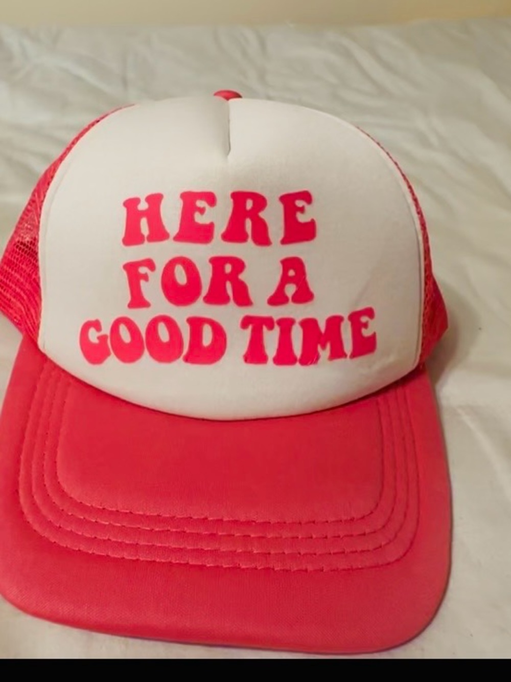 Here For A Good Time Pink & White Trucker Hat, barely used.